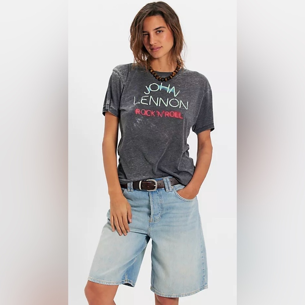 NWT FREE PEOPLE DAYDREAMER JOHN LENNON ROCK N' ROLL TEE WASHED BLACK